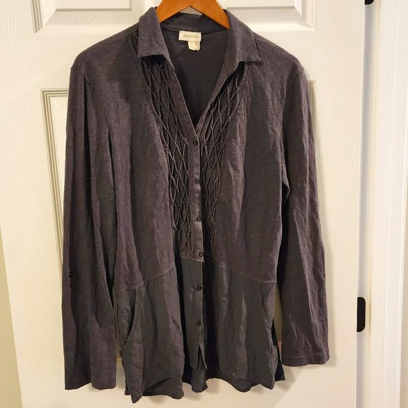 Anthropologie Meadow Rue Dark Grey 3/4 sleeve button down shirt Size L - Picture 6 of 15